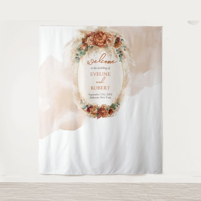 Trendy terracotta burgundy pampas arch backdrop (Front)