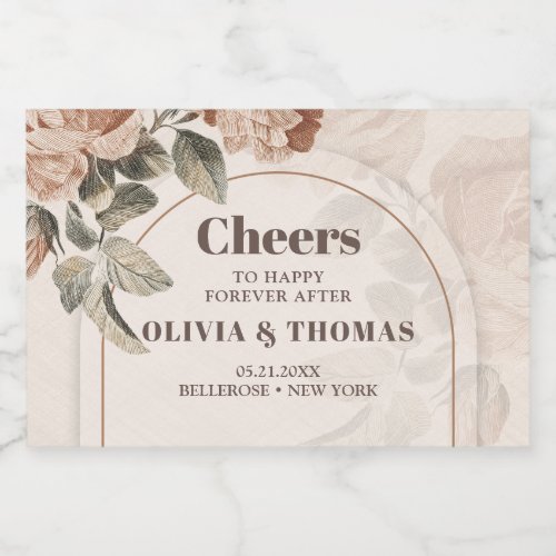 Trendy Terracotta flowers sage brown hues arch Sparkling Wine Label
