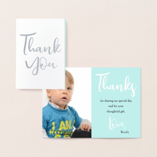 Trendy Thank You Photo Birthday Blue Silver Real Foil Card