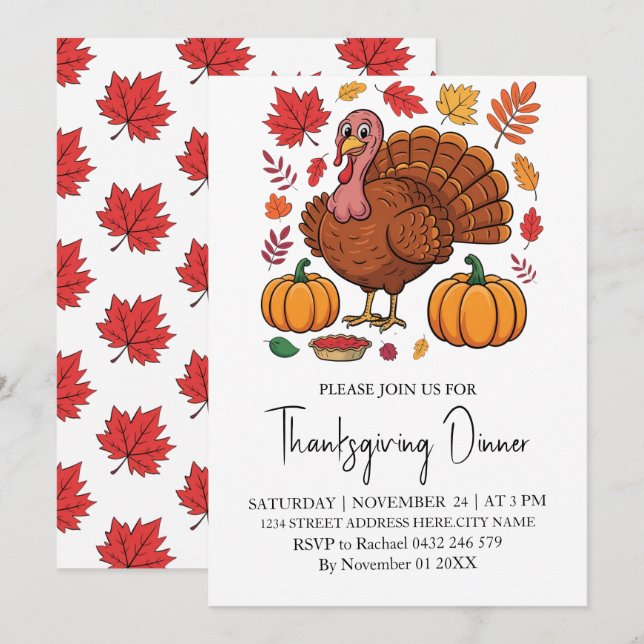 Trendy Thanksgiving Dinner Turkey Pumpkin          Invitation (Front/Back)
