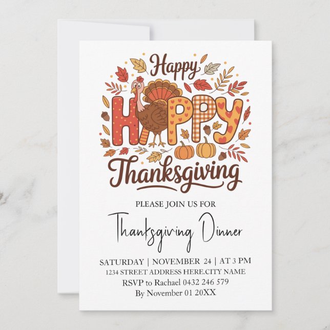 Trendy Thanksgiving Dinner Turkey Pumpkin          Invitation (Front)