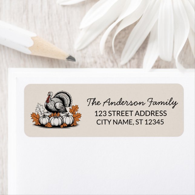 Trendy Thanksgiving Turkey Pumpkin Return Address  Label (Insitu)