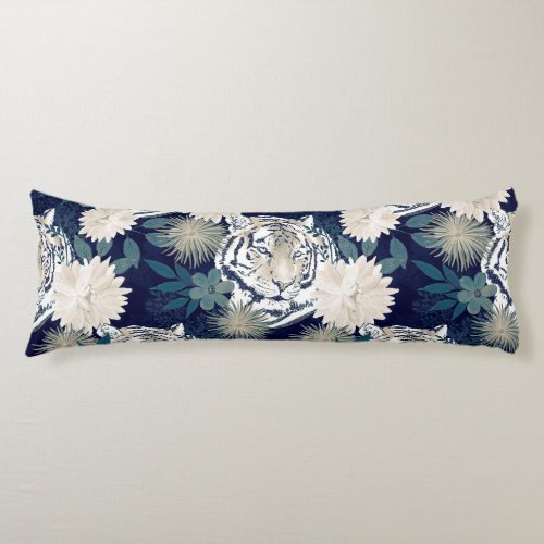 Trendy Tiger Animal Watercolor Floral Blue Design Body Pillow