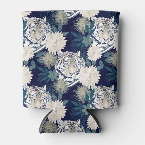 Trendy Tiger Animal Watercolor Floral Blue Design Can Cooler