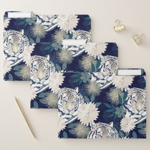 Trendy Tiger Animal Watercolor Floral Blue Design File Folder