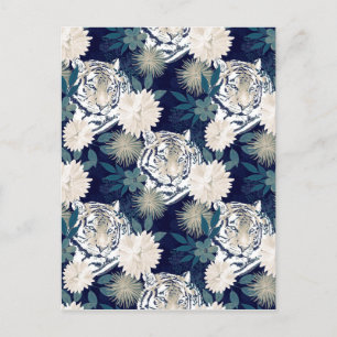 Trendy Tiger Animal Watercolor Floral Blue Design Holiday Postcard