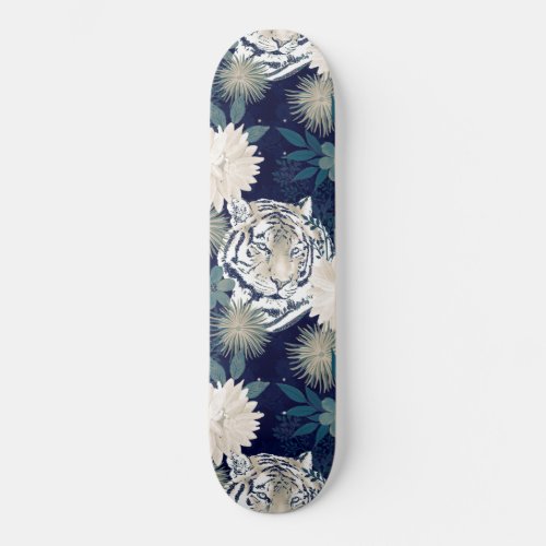 Trendy Tiger Animal Watercolor Floral Blue Design Skateboard