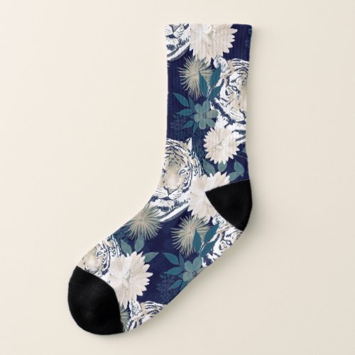 Trendy Tiger Animal Watercolor Floral Blue Design Socks