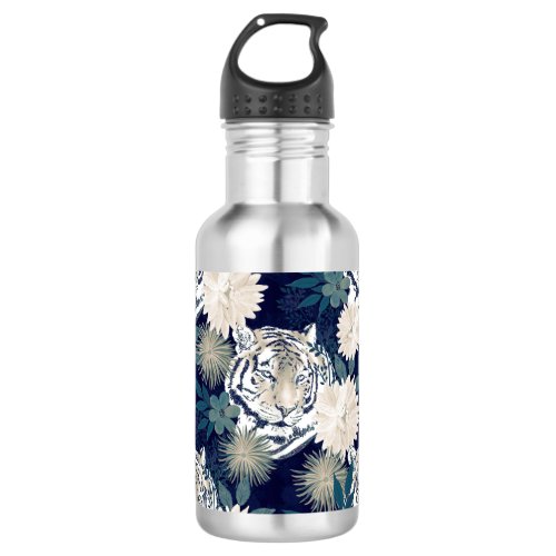 Trendy Tiger Animal Watercolor Floral Blue Design Stainless Steel Water Bottle
