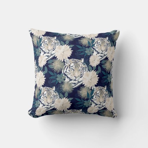 Trendy Tiger Animal Watercolor Floral Blue Design Throw Pillow