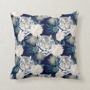 Trendy Tiger Animal Watercolor Floral Blue Design Throw Pillow