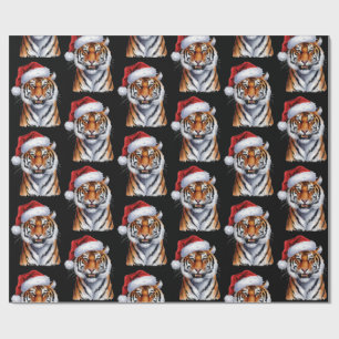 Trendy Tiger with Santa Hat Christmas Black Wrapping Paper