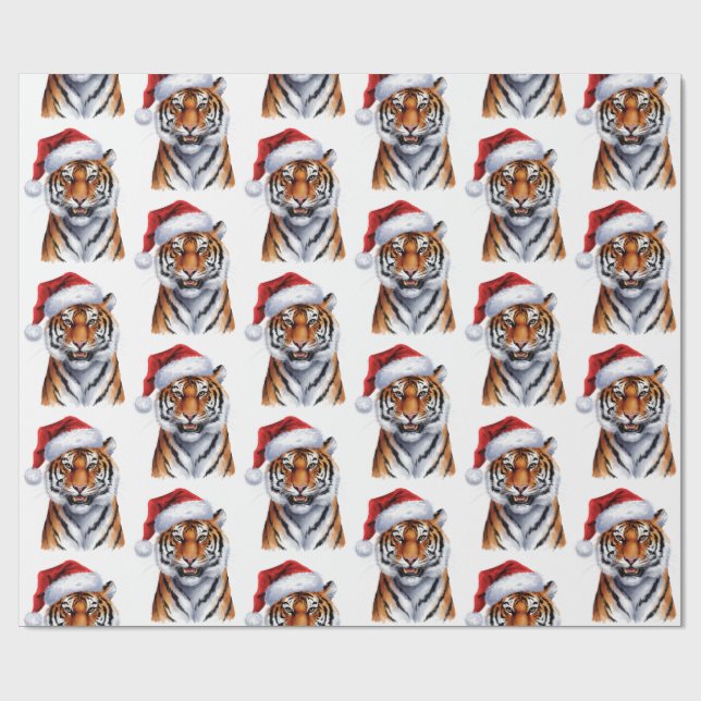 Trendy Tiger with Santa Hat Christmas Green        Wrapping Paper (Flat)