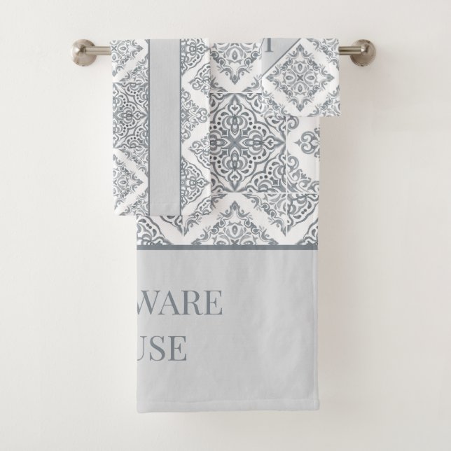 Trendy Tile Print Grey and White Personalized Bath Towel Set (Insitu)