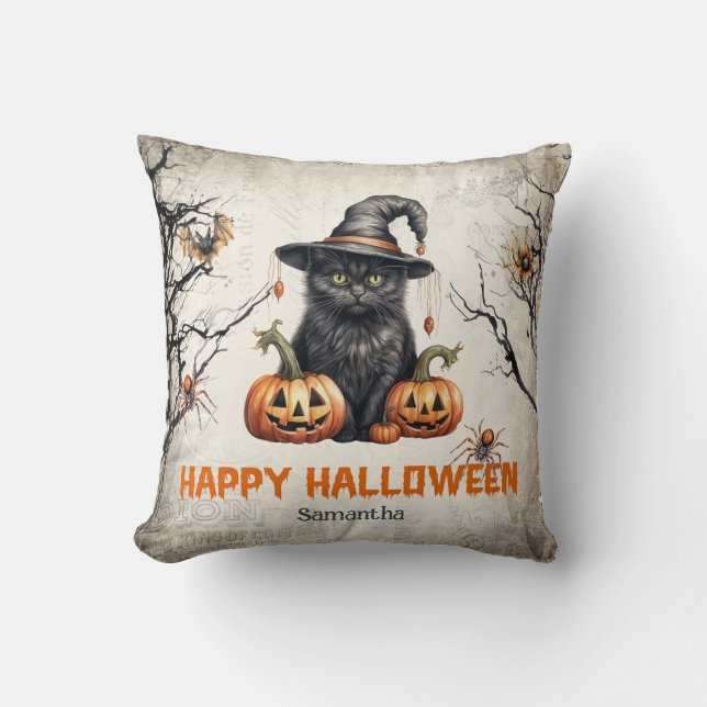Trendy traditional classic Halloween black cat Throw Pillow (Front)