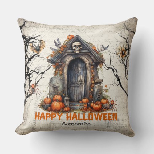 Trendy traditional classic Halloween haunted house Throw Pillow