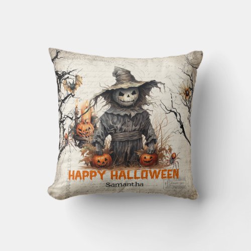 Trendy traditional classic Halloween scarecrow Throw Pillow