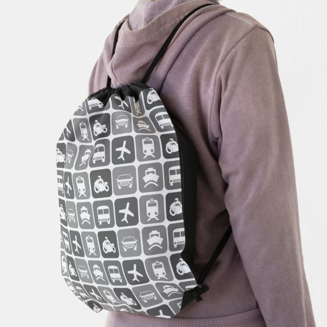 Trendy Travel Icons Black and White Pattern Drawstring Bag (Insitu)
