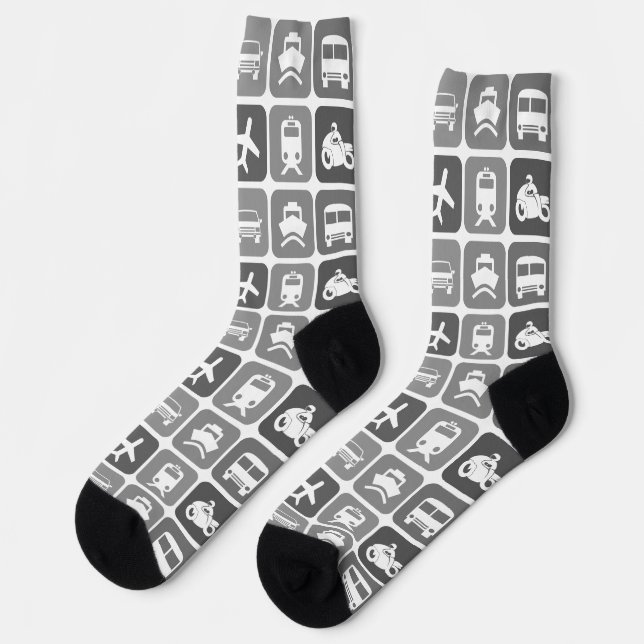 Trendy Travel Icons Black and White Pattern Socks (Left)