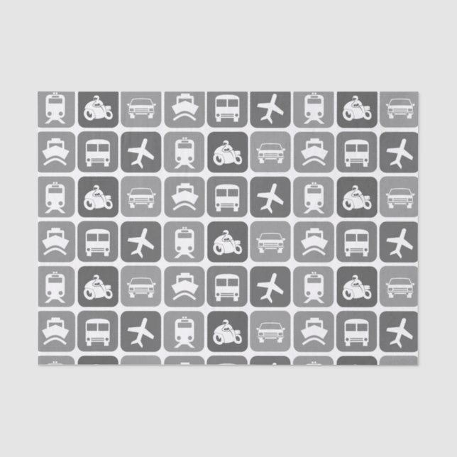 Trendy Travel Icons Black and White Pattern Tissue Paper (Front)
