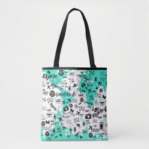 Trendy Travel Items Typography Pattern Teal White Tote Bag