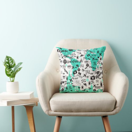 Trendy Travel Motifs Typography Pattern Teal White Throw Pillow