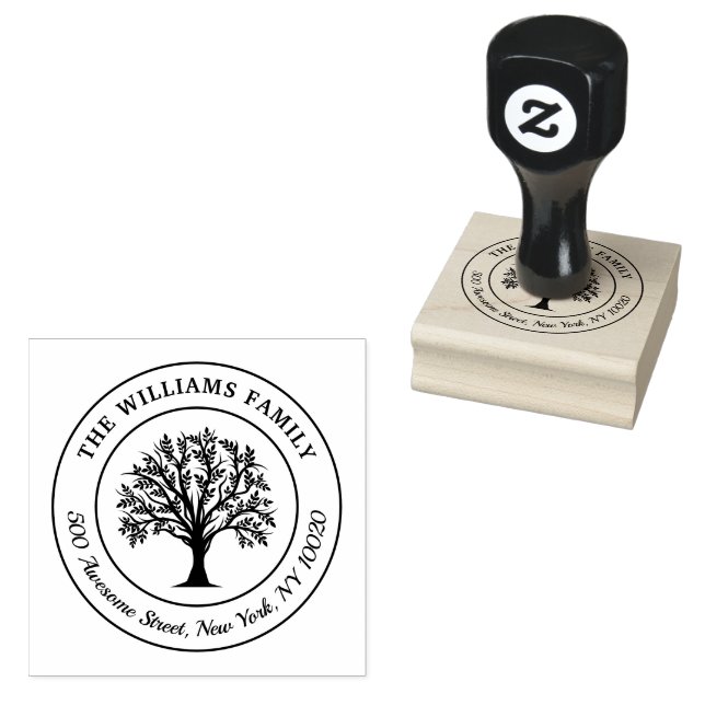 Trendy Tree Family Name Curved Text Return Address Rubber Stamp (Stamped)