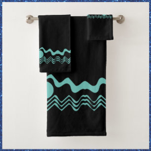 Trendy Tribal Geometric Turquoise and Black Bath Towel Set