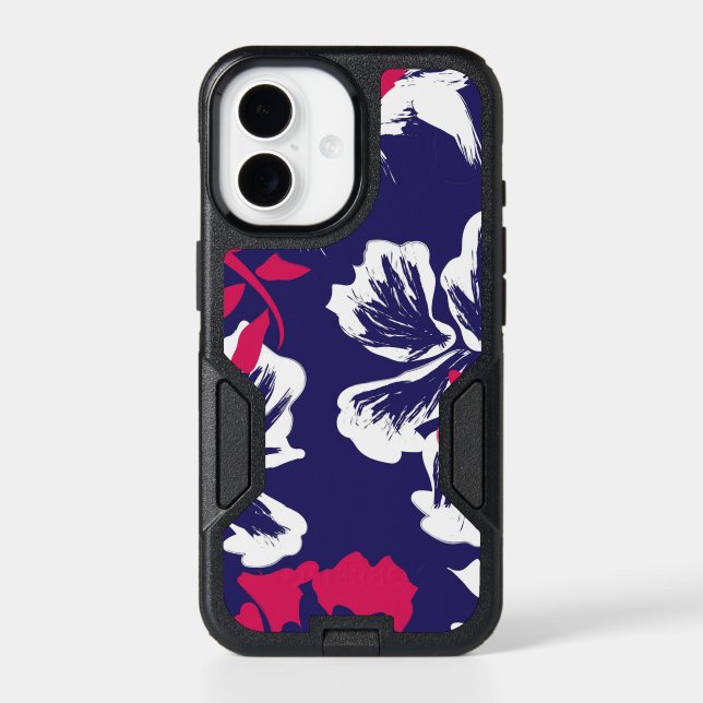 Trendy Tropical Abstract Blue Red Floral Pattern Otterbox iPhone Case (Back)