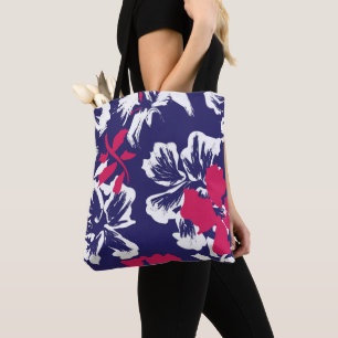Trendy Tropical Abstract Blue Red Floral Pattern Tote Bag