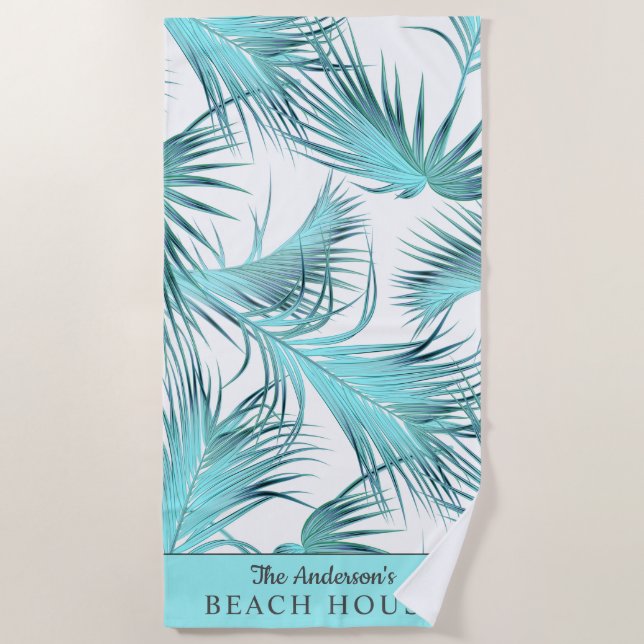 Trendy Tropical Beach House Palm Fronds with Name Beach Towel (Front)