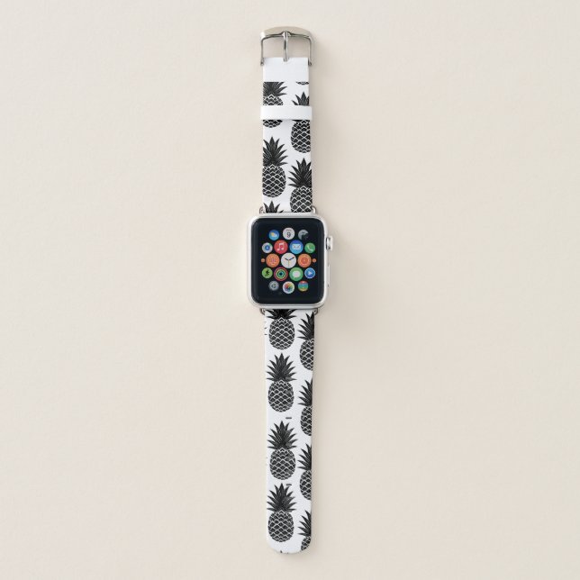 Trendy Tropical Black and White Pineapple Pattern Apple Watch Band (Front)