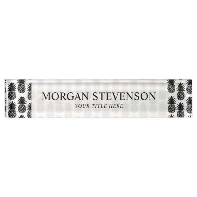 Trendy Tropical Black and White Pineapple Pattern Desk Name Plate (Front)
