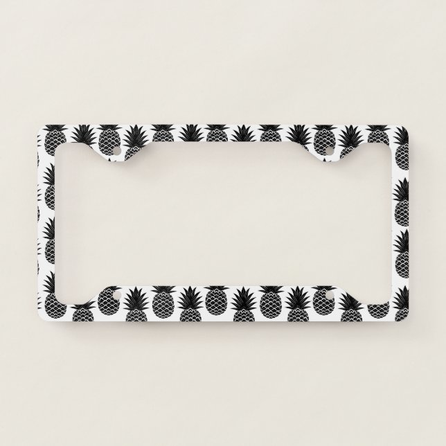 Trendy Tropical Black and White Pineapple Pattern License Plate Frame (Front)