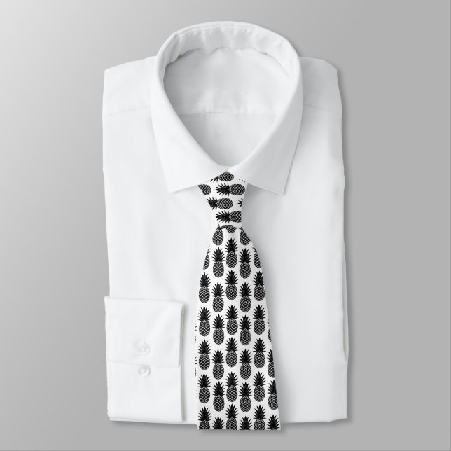 Trendy Tropical Black and White Pineapple Pattern Neck Tie (Tied)