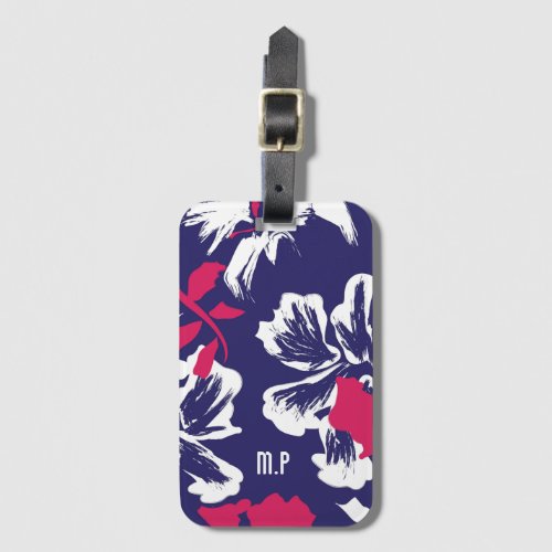 Trendy Tropical Blue Red Floral Pattern Monogram Luggage Tag