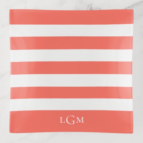 Trendy Tropical Coral Stripe Pattern Monogram Trinket Tray