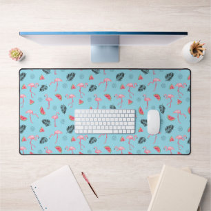 Trendy Tropical Flamingo & Watermelon Pattern 2 Desk Mat