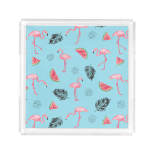 Trendy Tropical Flamingo & Watermelon Pattern Acrylic Tray