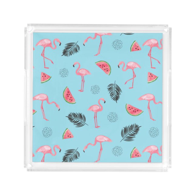 Trendy Tropical Flamingo & Watermelon Pattern Acrylic Tray (Front)