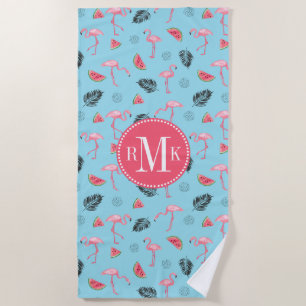 Trendy Tropical Flamingo & Watermelon Pattern Beach Towel