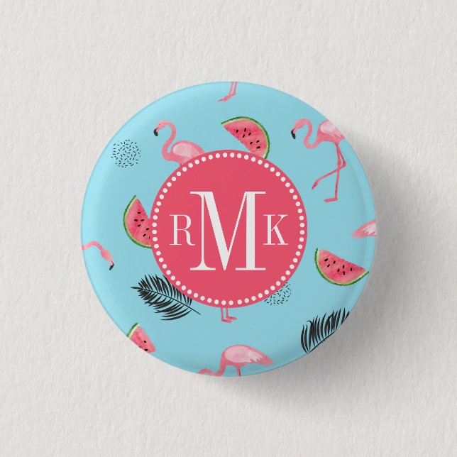 Trendy Tropical Flamingo & Watermelon Pattern Button (Front)