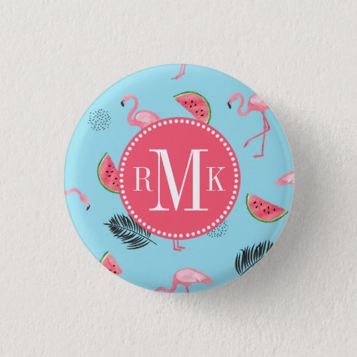 Trendy Tropical Flamingo  Watermelon Pattern Button