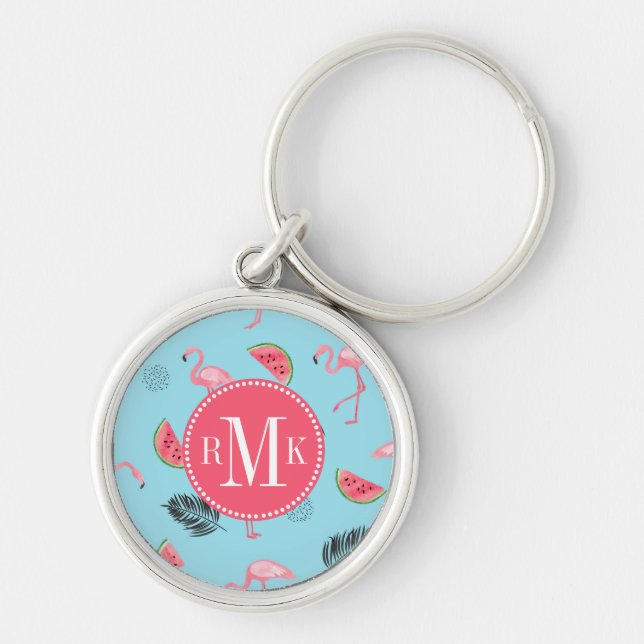 Trendy Tropical Flamingo & Watermelon Pattern Keychain (Front)