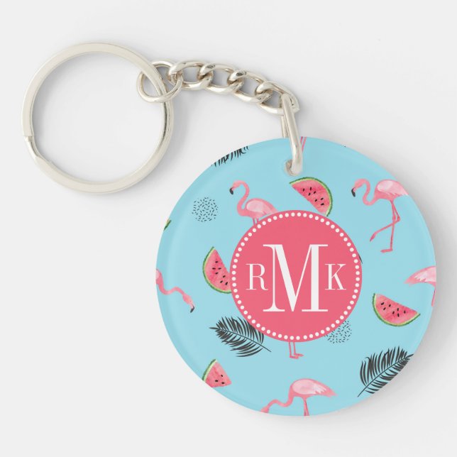 Trendy Tropical Flamingo & Watermelon Pattern Keychain (Front)