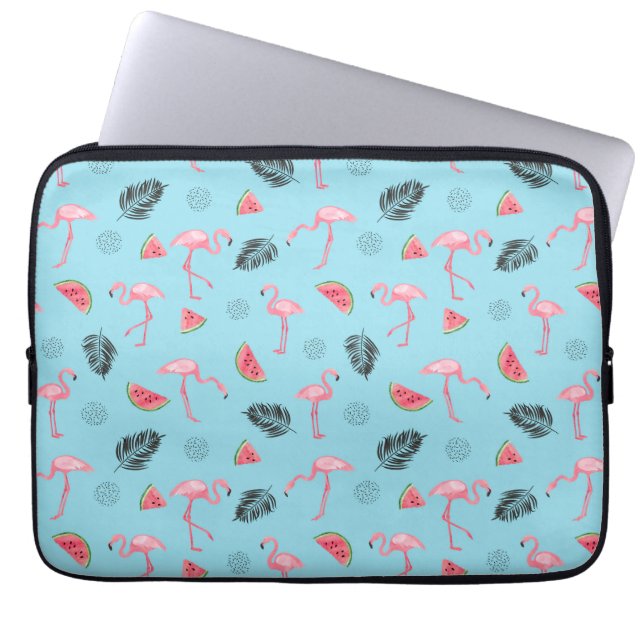Trendy Tropical Flamingo & Watermelon Pattern Laptop Sleeve (Front)