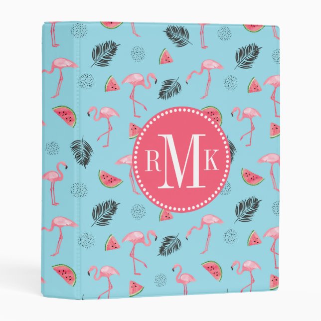 Trendy Tropical Flamingo & Watermelon Pattern Mini Binder (Front/Spine)