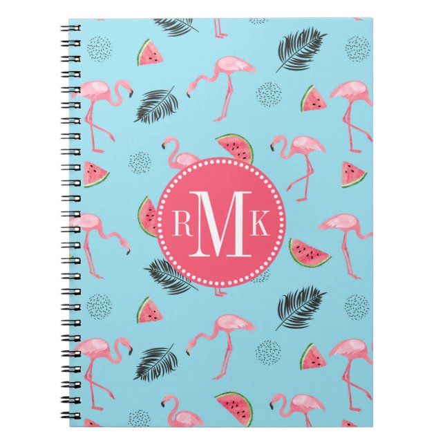 Trendy Tropical Flamingo & Watermelon Pattern Notebook (Front)