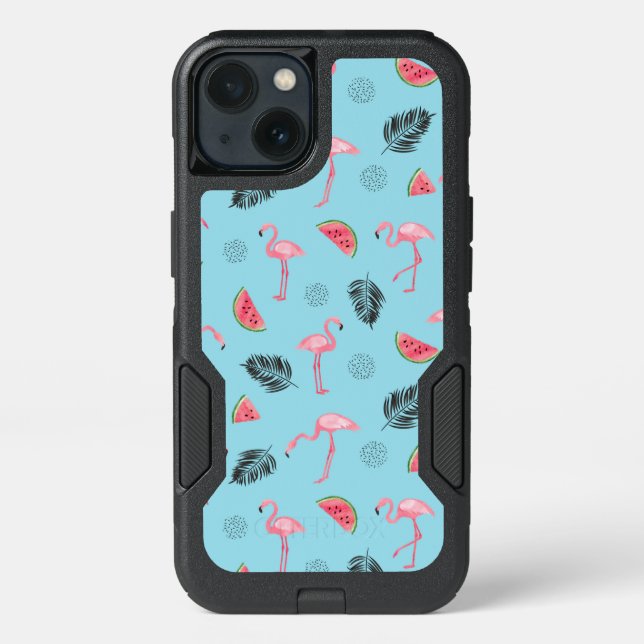 Trendy Tropical Flamingo & Watermelon Pattern Otterbox iPhone Case (Back)