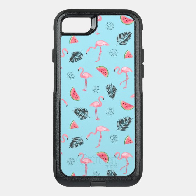 Trendy Tropical Flamingo & Watermelon Pattern Otterbox iPhone Case (Back)